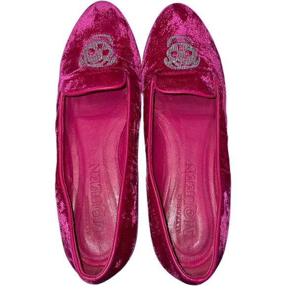 Alexander McQueen Skull Embroidered Smoking Pink Velvet Flats   Size: EU 38/US 8 - Picture 6 of 8